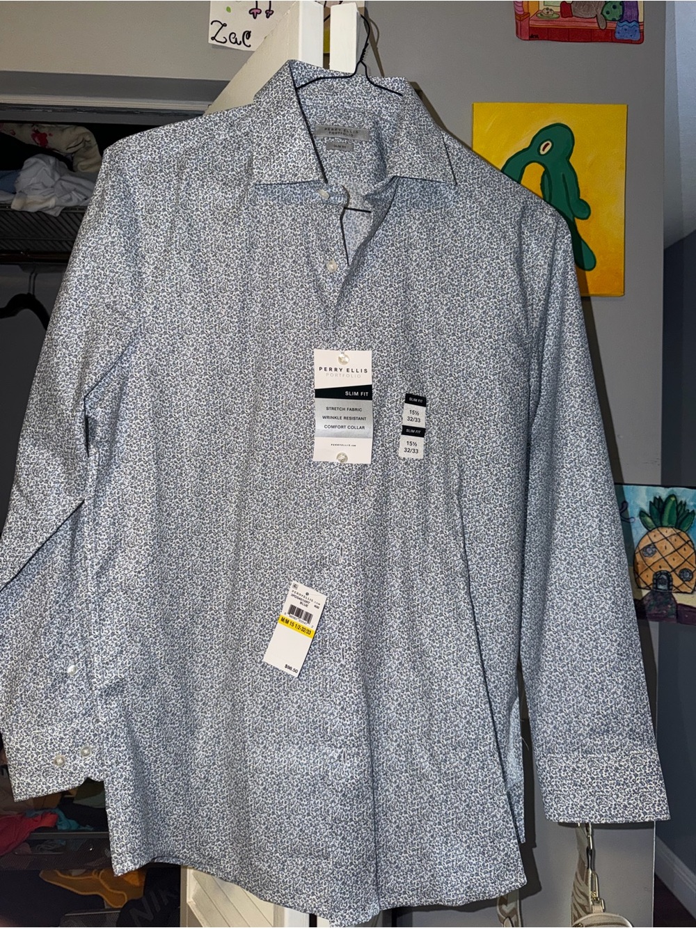 Perry Ellis Light Blue Micro-Pattern Slim Dress Shirt